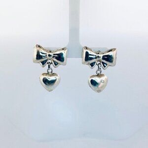 Vintage 925 Sterling Silver Bow Heart Dangle Stud Earrings Estate Jewelry